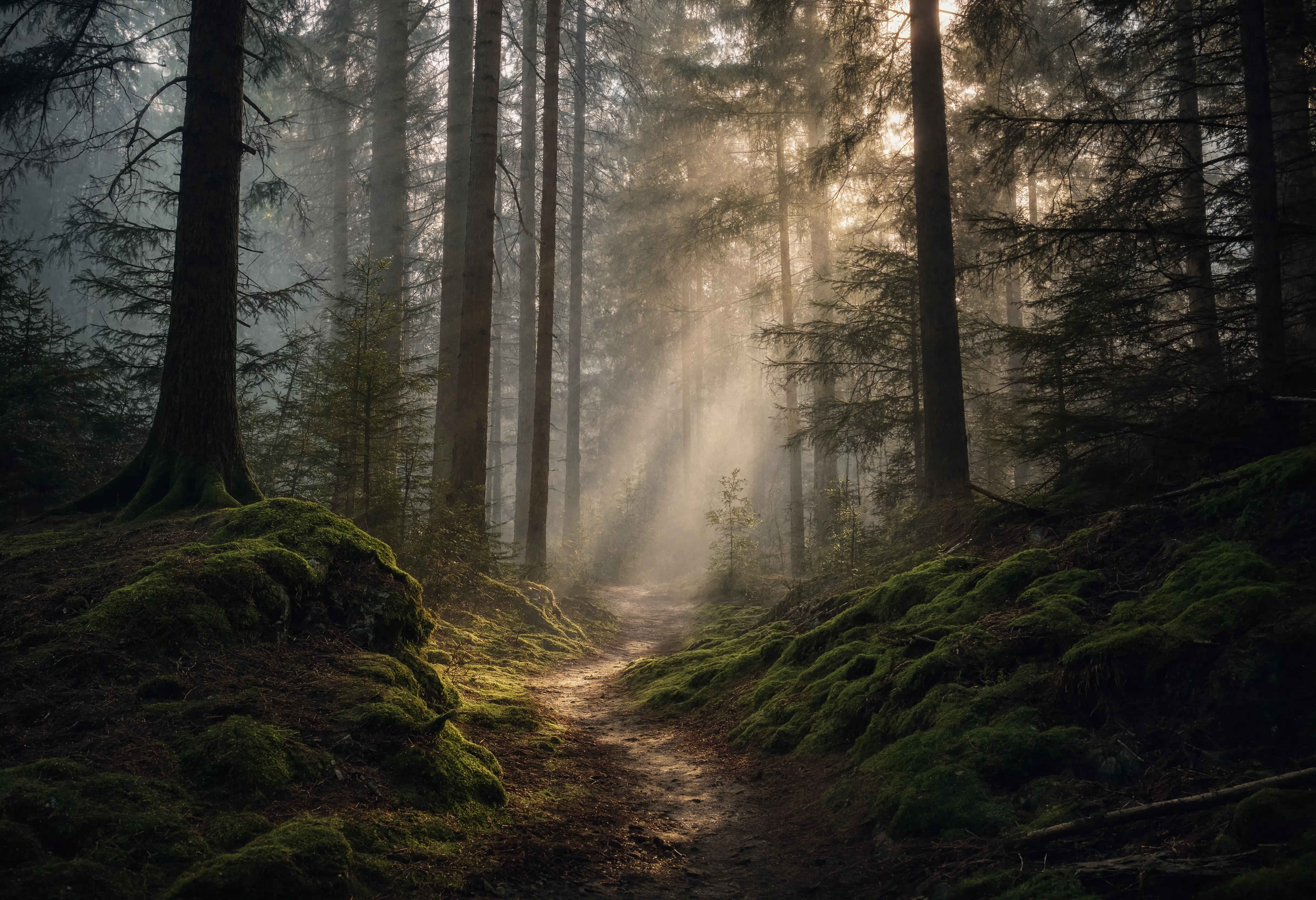 Schwarzwald — mystischer Nadelwald mit Nebelschwaden am frühen Morgen